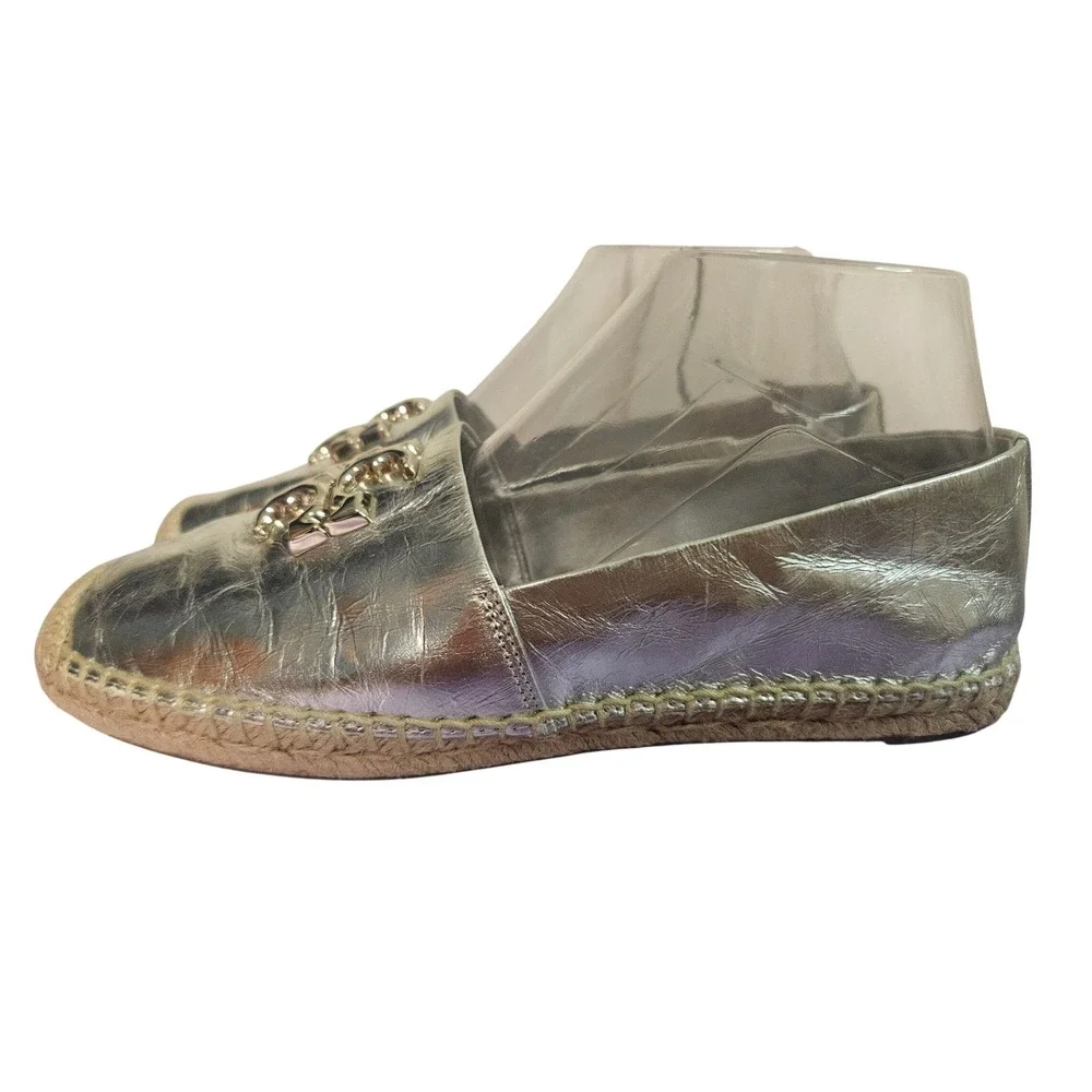 Tory Burch Eleanor Silver Metallic Leather Espadrille Flats Double T Logo 8.5M